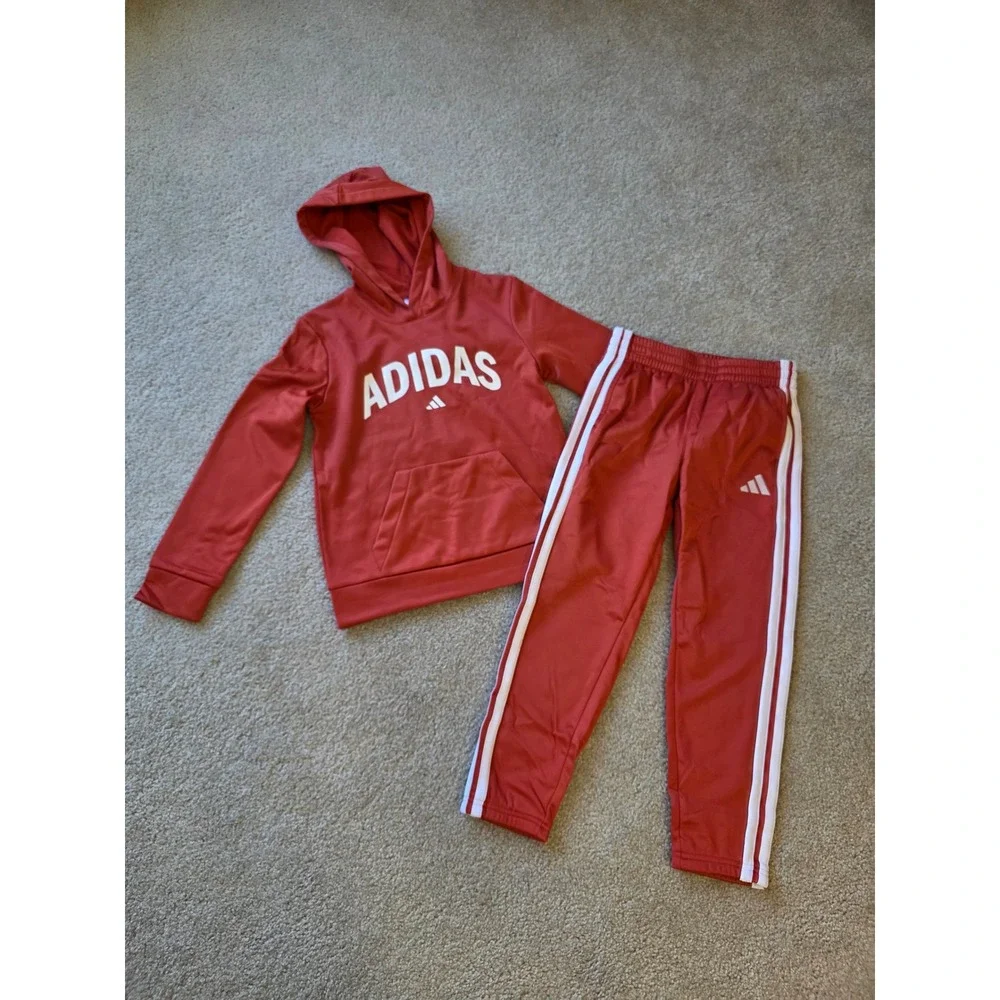 Adidas Boys Red Fleece Hoodie and Jogger Tracksuit Set Size Small S 8
